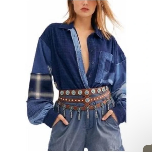 Free People Patch Denim High Low Button Down Shacket Top - Picture 13 of 13